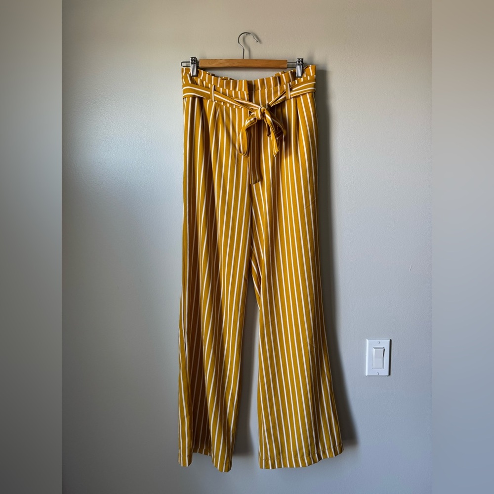 Have Mustard Yellow & White Striped Paperbag Waist Wide-Leg Pants